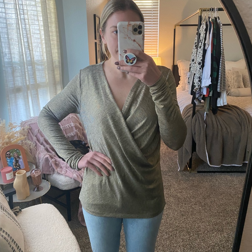 Womens Gold Metallic Drape Front Top View 4